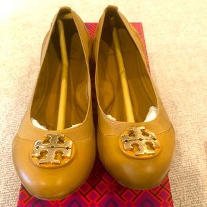 Tory Burch Mustard Leather Logo Ballet Flats